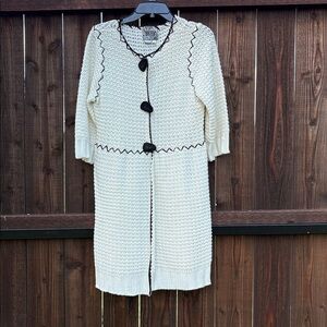 Crochet Cream Knit Cardigan with Black Trim